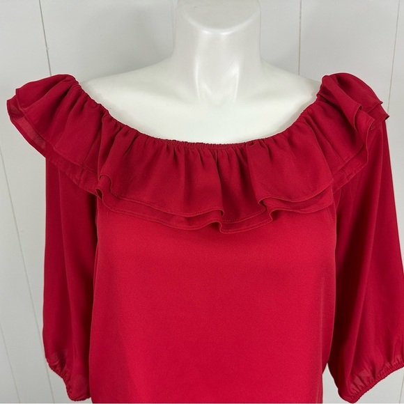 J Crew Mercantile Sz L Women Red Off The Shoulder 3/4 Sleeve Lightweight Blouse - Picture 5 of 8